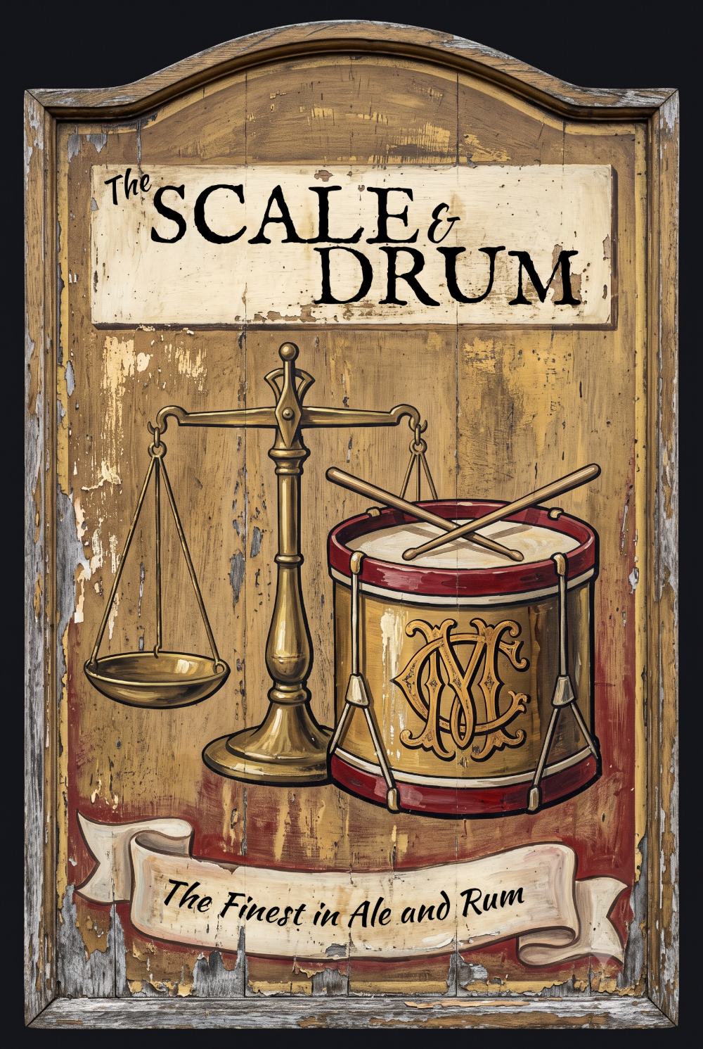 The Scale and Drum — a hanging pub sign painted with a brass balance scale and a
            military drum, above a banner reading The Finest in Ale and Rum